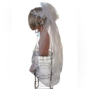 VTG Fingertip White Wedding Veil Beaded Headband Tulle Crown Ribbons Seed Pearls